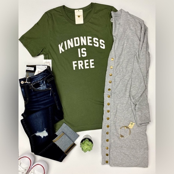 NWT Bella Canvas Kindness Is Free Graphic Short Sleeve Tee, Olive - Picture 10 of 12